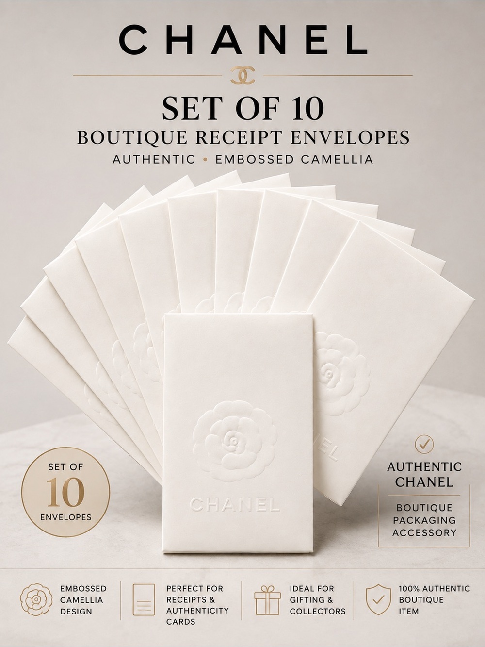 Set of 10 CHANEL Boutique Receipt Envelope Card Holder Camellia White Authentic